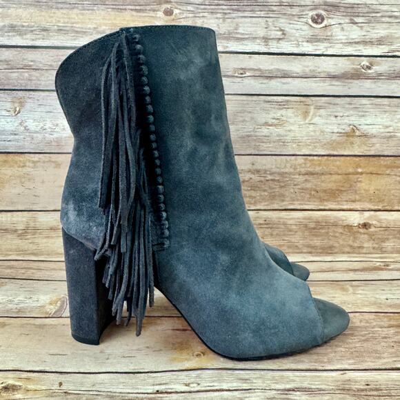 Gianni Bini Shoes - Gianni Bini Womens Gray Suede Leather Open Toe Fringes Block Heel Booties 8M